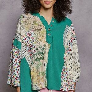254 - POL Jade Green Oversize Long Thermal Crochet Contrast Patchwork Top